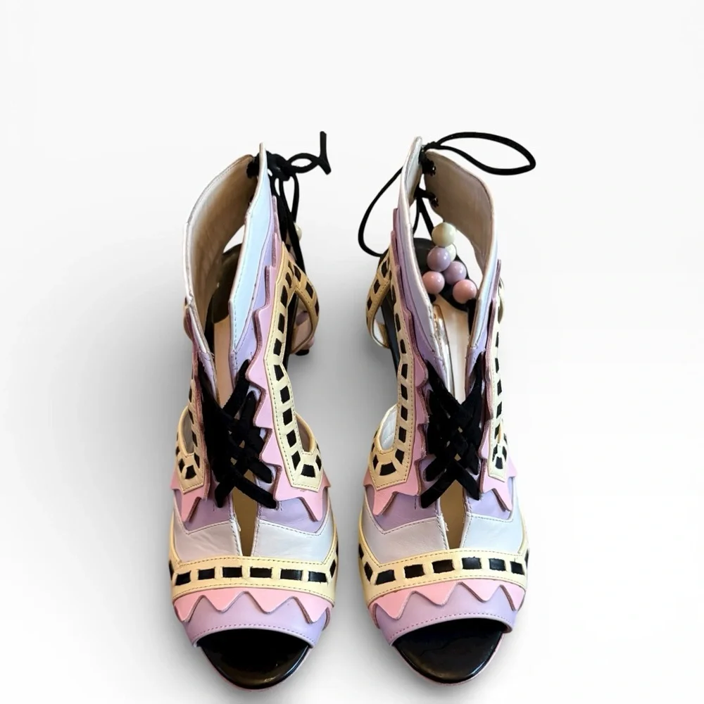 Sophia Webster Riko Leather Pastel Multicolor Cut-Out Lace-Up Heels EU 37 US 7